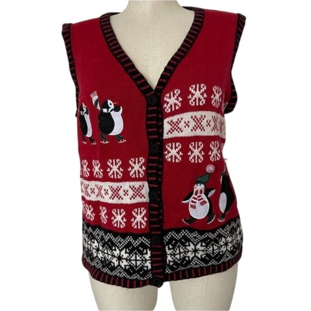 Holiday Editions Sweater Vest Cardigan Red Holiday Party Snow Penguin Sz Large